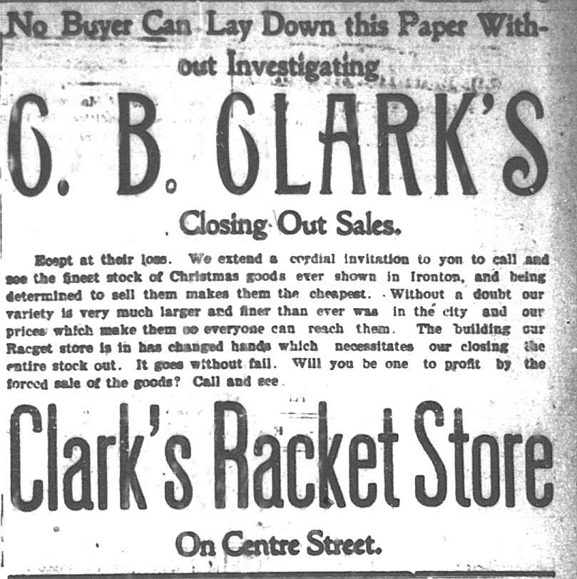 Going out of Business sales ad for Clark's Racket Store